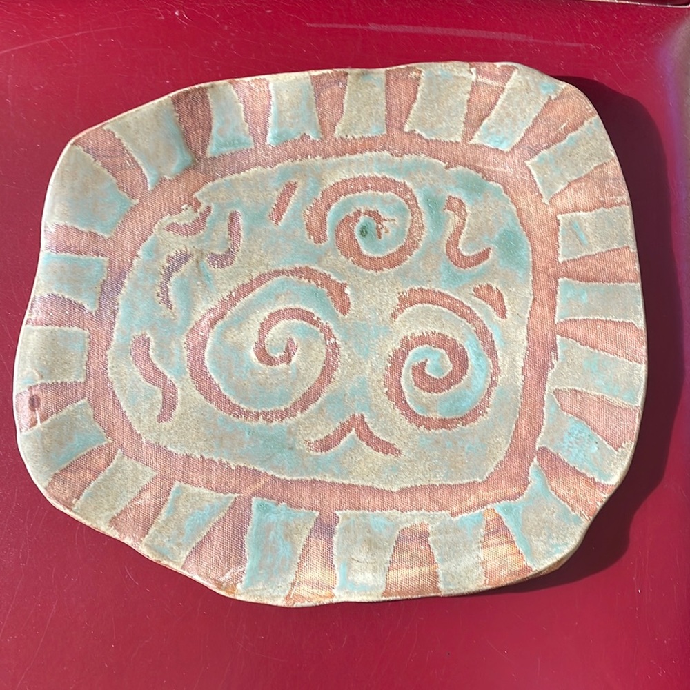 Handcrafted ceramic plate with green glaze approx. 8” x 12”